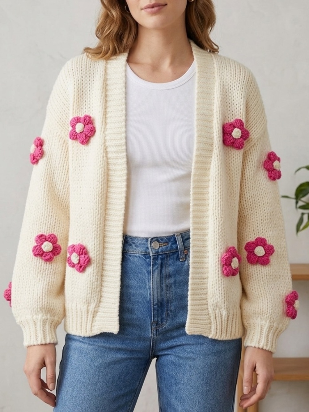 Better Be Cream Open-Front Cardigan with Pink Flower crochet NWT